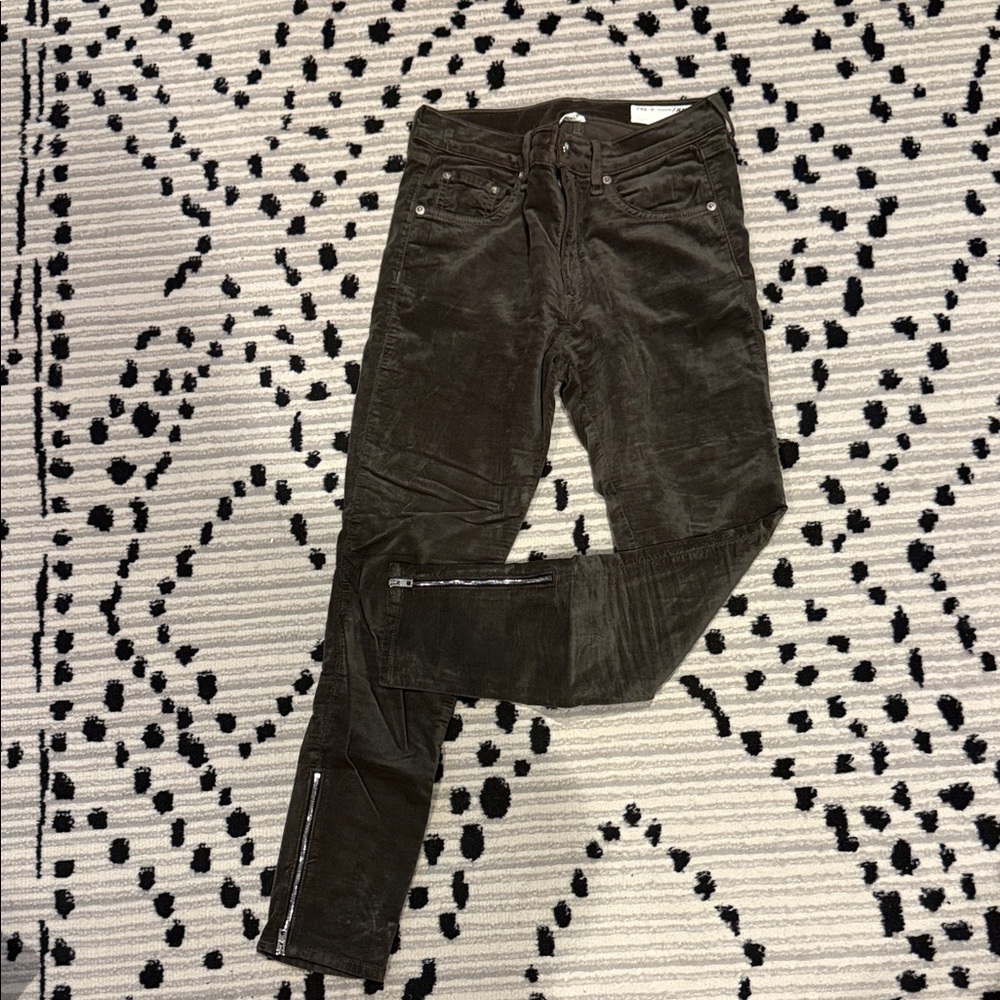rag & bone olive green velvet Skinny Jeans with zipper ankle